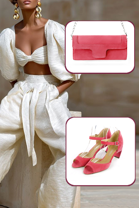 Women's carnation pink elegant sandals with instep strap. Square toe. Medium comma heels - Worn view